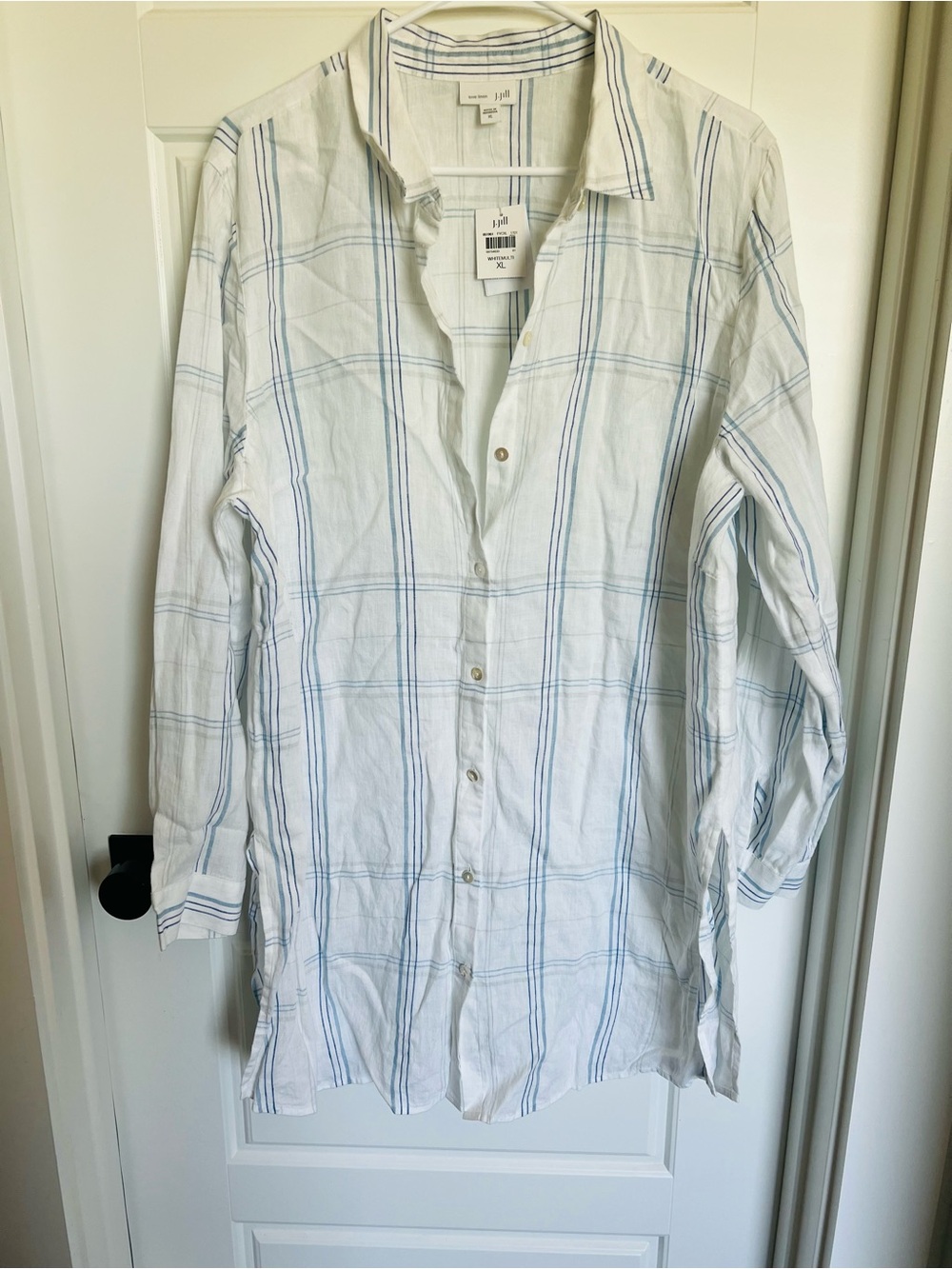 J. Jill White Tunic Shirt Dress with Light Blue Windowpane Stripes